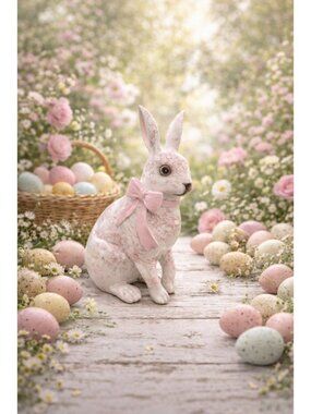 New Pink White Laura Ashley Toile Easter Bunny Girl Figurine Holiday Decor